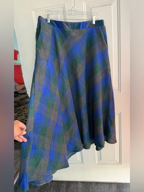 NWT EBOSSY Plaid Midi Skirt Blue Green Wool Blend SIZE XXL Flare Pockets - Picture 5 of 12